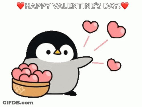 Happy Valentine's Day Penguin With Basket Of Hearts GIF