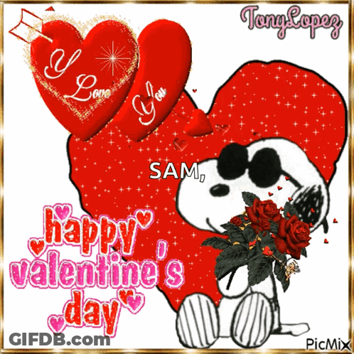 Happy Valentines Day Card With Snoopy Holding Roses GIF