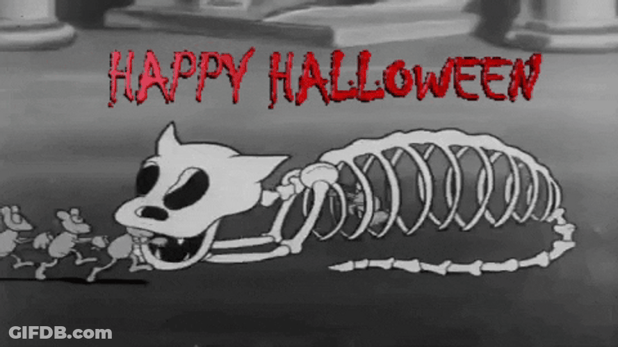 Happy Vintage Halloween Cat Skeleton Dance GIF