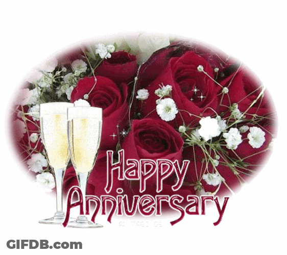 Happy Wedding Anniversary Roses And Wine Glasses GIF