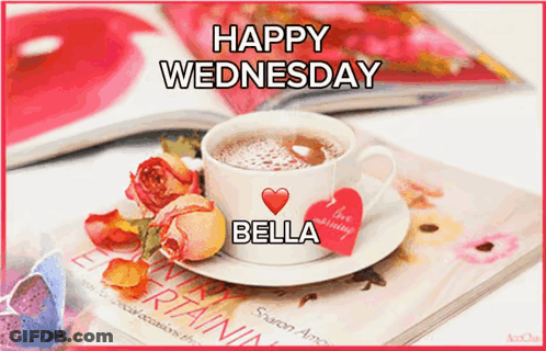 Happy Wednesday Bella Greeting Card With Coffee And Magazines GIF