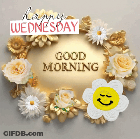Happy Wednesday Greeting Card With Flowers And Yellow Smiley GIF
