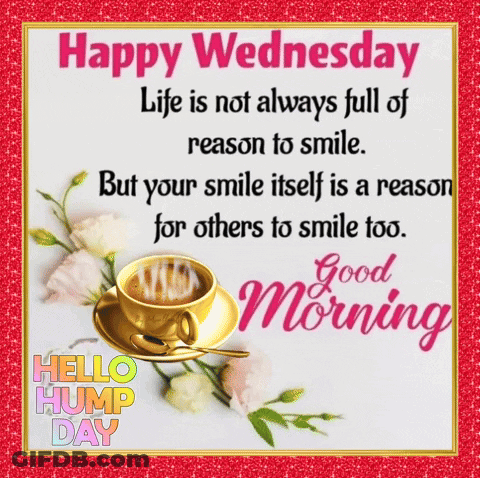 Happy Wednesday Message With Coffee And Flowers GIF