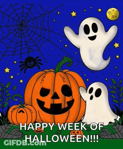 Happy Week Of Halloween Greeting Card With Pumpkins And Ghosts GIF