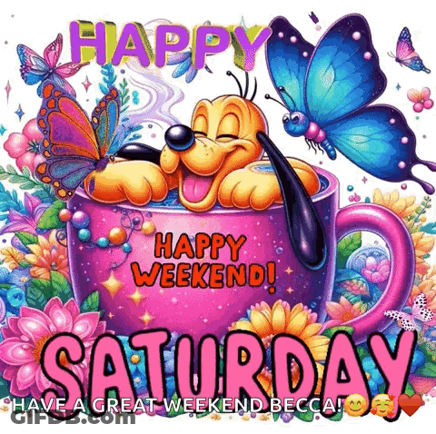 Happy Weekend Dog In Coffee Cup With Butterflies GIF