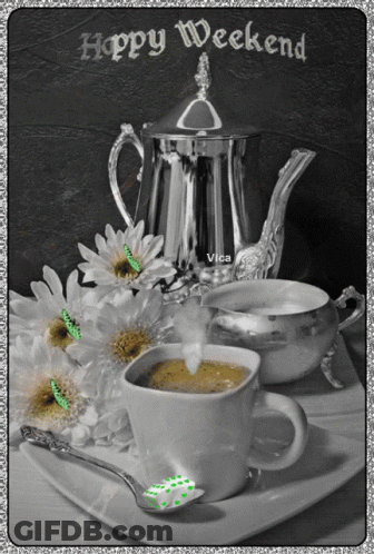 Happy Weekend Greeting Card With Coffee And Teapot GIF