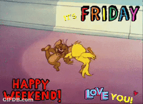 Happy Weekend Greeting Card With Two Cartoon Characters GIF