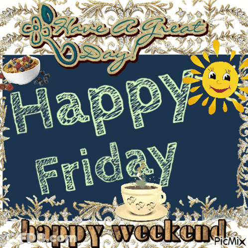 Happy Weekend Sign With Coffee And Smiling Sun GIF