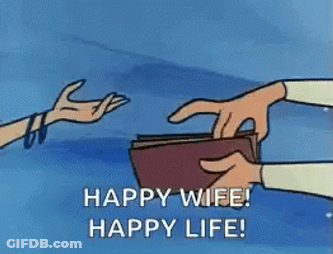 Happy Wife Happy Life Giving Money Cartoon GIF