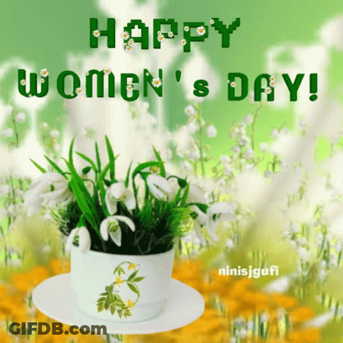 Happy Women's Day Greeting Card With Flowers In Cup GIF