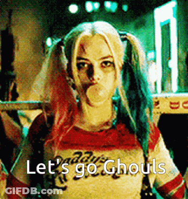 Harley Quinn Blowing A Bubble With The Words Let 'S Go Ghouls In The Background GIF