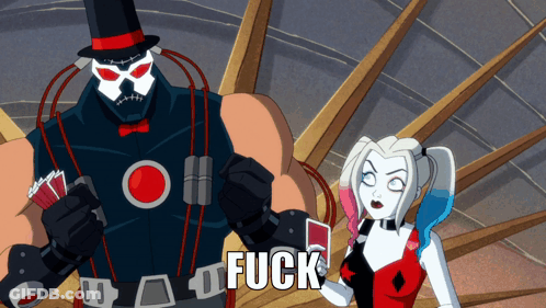 Harley Quinn Is Holding A Card And Bane Is Wearing A Top Hat With The Word Fuck On It GIF