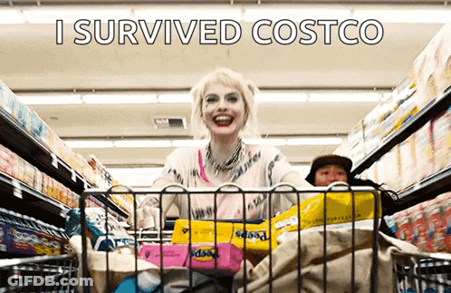 Harley Quinn Is Pushing A Shopping Cart In A Grocery Store With The Words I Survived Costco Above Her . GIF