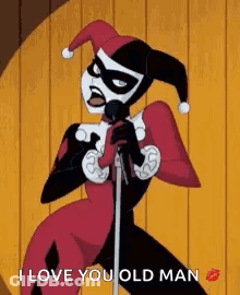 Harley Quinn Is Singing Into A Microphone With The Words `` I Love You Old Man '' Written On The Bottom . GIF