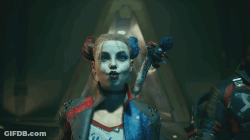 Harley Quinn Is Wearing A Red And Blue Jacket GIF