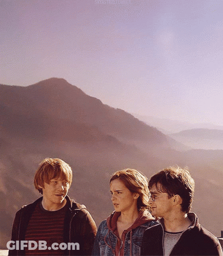Harry Potter And Friends Standing In Front Of Mountain Range GIF
