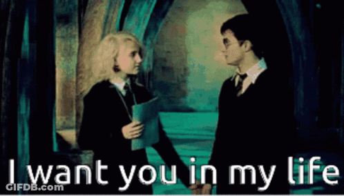 Harry Potter And Luna Lovegood Holding Hands With The Words " I Want You In My Life " Above Them GIF