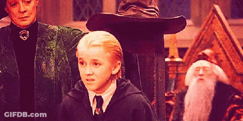 Harry Potter Characters Are Standing In A Room With A Wizard Hat In The Background GIF