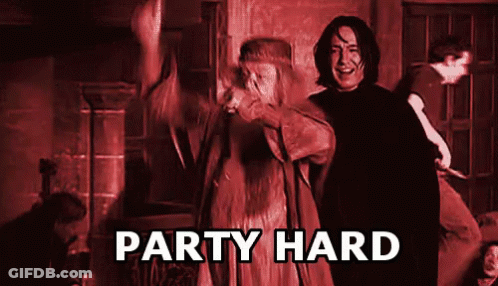 Harry Potter Characters Dancing In A Dark Room With The Words Party Hard Written On The Bottom GIF