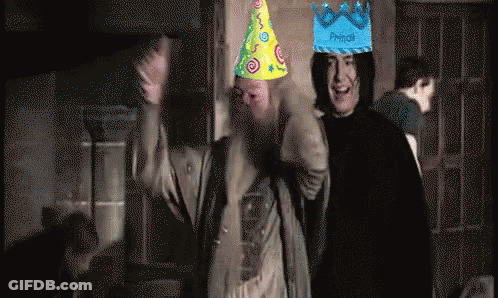Harry Potter Characters Wearing Party Hats And A Crown GIF