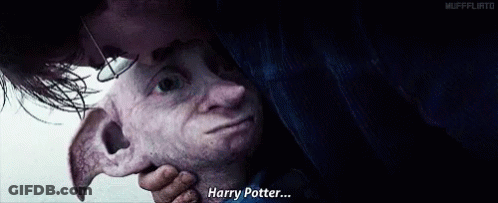 Harry Potter Is Hugging A Statue Of A Dobby And Says `` Harry Potter '' . GIF
