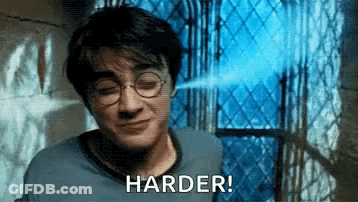 Harry Potter Is Smiling In Front Of A Window And Says Harder . GIF