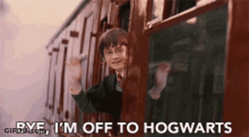 Harry Potter Is Waving From A Train Window And Saying `` Bye , I 'M Off To Hogwarts '' GIF