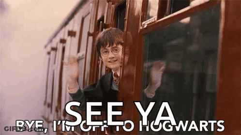 Harry Potter Is Waving From The Window Of A Train With The Words See Ya Bye I 'M Off To Hogwarts GIF