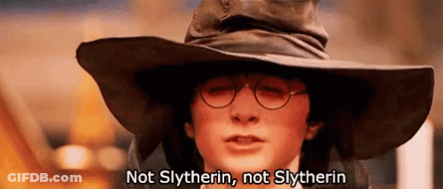 Harry Potter Is Wearing A Wizard Hat And Glasses And Saying Not Slytherin , Not Slytherin . GIF