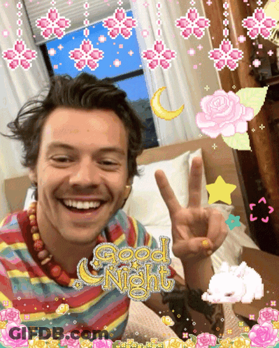 Harry Styles Is Smiling And Giving A Peace Sign With The Words Good Night Below Him GIF