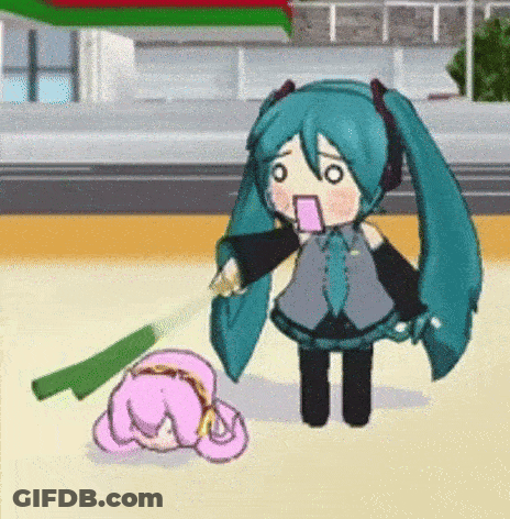 Hatsune Miku Holding Green Onion Pink Doll On Ground GIF