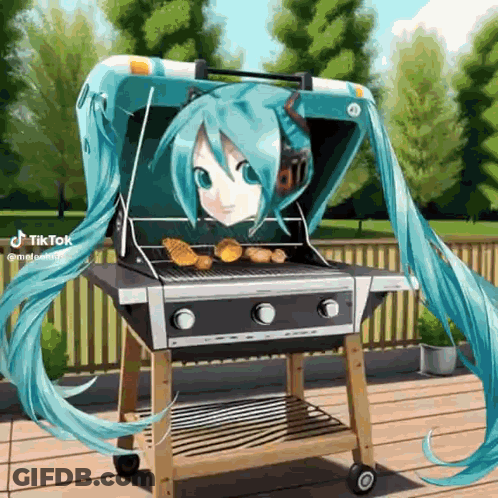 Hatsune Miku Is Cooking Food On A Barbecue Grill . GIF