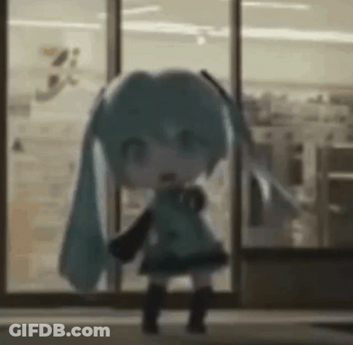 Hatsune Miku Is Dancing In Front Of A Window In A Store . GIF