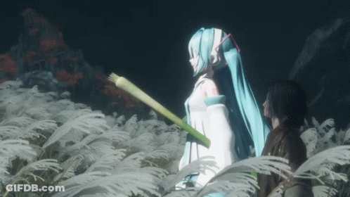 Hatsune Miku Is Standing In A Field Of Tall Grass With A Man GIF
