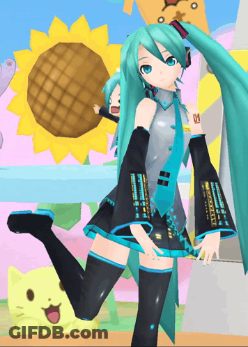 Hatsune Miku Standing Before Sunflower And Cat GIF