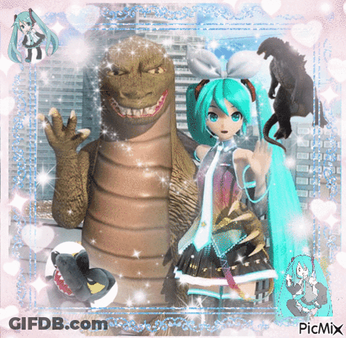 Hatsune Miku Standing Next To Monster GIF