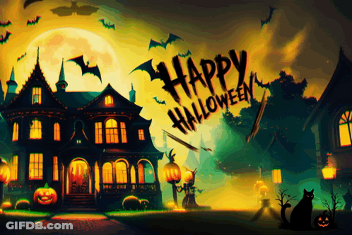 Haunted House Saying Happy Halloween GIF