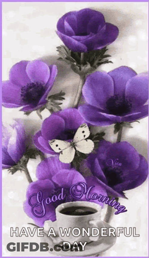 Have A Great Saturday Violet Flowers With Coffee GIF