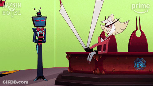 Hazbin Hotel Poster Cartoon Character At Table GIF
