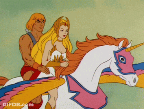 He Man And She Ra Are Riding A Unicorn Together GIF