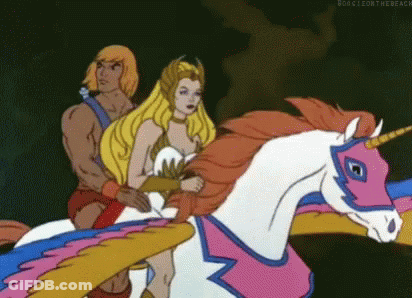 He Man And She Ra Are Riding A Unicorn . GIF