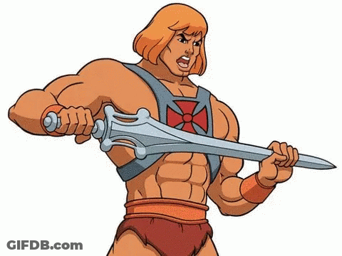 He Man From Masters Of The Universe Is Holding A Sword In His Hands . GIF