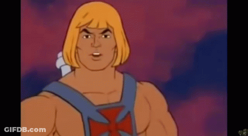 He Man From The Masters Of The Universe Is A Cartoon Character With Blonde Hair . GIF