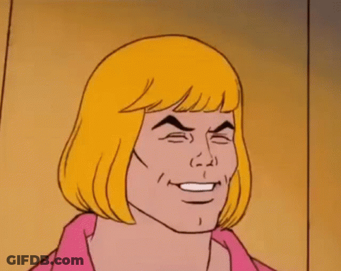 He Man From The Masters Of The Universe Is Smiling With His Eyes Closed And His Mouth Open . GIF