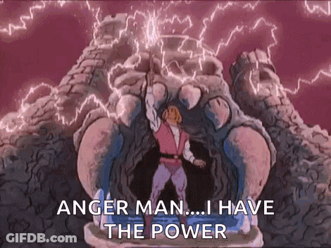He Man Is Holding A Sword In Front Of A Monster And Saying `` Anger Man , I Have The Power '' . GIF