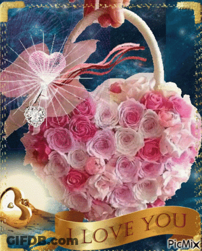 Heart Basket Of Pink Roses With I Love You Ribbon GIF