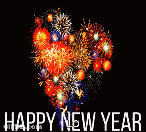 Heart Firework Display Saying Happy New Year GIF