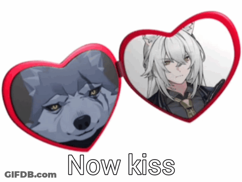 Heart Mirror With Wolf And Girl Saying Now Kiss GIF
