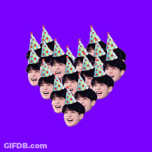 Heart Of Faces In Party Hats On Purple GIF