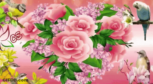 Heart Shaped Bouquet Of Pink Roses With Birds GIF